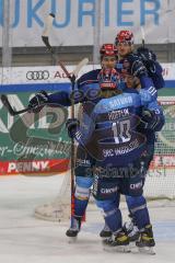 DEL - Eishockey - Saison 2020/21 - ERC Ingolstadt - Krefeld Pinguine - Der 4:3 Führungstreffer durch Frederik Storm (#9 ERCI) - Louis-Marc Aubry (#11 ERCI) - Mirko Höfflin (#10 ERCI) - jubel - Foto: Jürgen Meyer