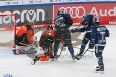 Penny DEL - Eishockey - Saison 2021/22 - ERC Ingolstadt - Grizzlys Wolfsburg - Dustin Strahlmeier Torwart (#1 Wolfsburg) - Louis-Marc Aubry (#11 ERCI) - Chris Bourque (#77 ERCI) -  Foto: Jürgen Meyer