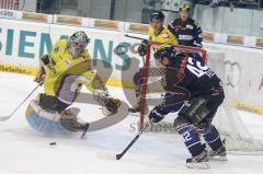 DEL - ERC Ingolstadt - Krefeld Pinguine - Jared Ross gefährlich vor dem Tor, knapp vorbei - Goalie Scott Langkov pariert