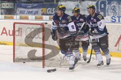 DEL - ERC Ingolstadt - DEG Düsseldorf Metro Stars . Playoff - Viertelfinale - Joe Motzko mit dem Siegtreffer 5:3 ins leere Tor. Die Fans Jubeln. Jared Ross und Jeremy Reich