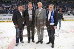 DEL - Playoff Finale - Kölner Haie KEC - ERC Ingolstadt - Deutscher Meister 2014 - Meisterfeier von links Jürgen Arnold, Audi Vertreter, Alfred Lehmann und Christian Lösel