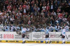 DEL - Playoff Finale - Kölner Haie KEC - ERC Ingolstadt - Der Puck ist im Tor 1:o für Ingolstadt Jubel Patrick Hager (52) und Christoph Gawlik (11), Tor durch Tim Conboy (4)