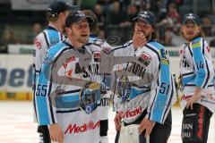 DEL - Playoff Finale - Kölner Haie KEC - ERC Ingolstadt - Deutscher Meister 2014 - Jubel Medaille Patrick Köppchen (55)Torwart Timo Pielmeier (51) Tim Hambly (14)