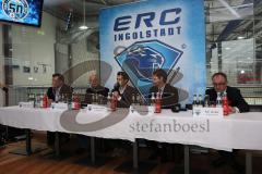 DEL - ERC Ingolstadt - Saison 2013/2014 - Neuvorstellung von Sportlichen Leiter und Geschäftsführer - Pressekonferenz von links Beiratsvorsitzender Jürgen Arnold, Sportlicher Leiter Jiri Ehrenberger, Pressesprecher Bernhard Enzinger, Geschäftsführer (neu)