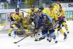 DEL - ERC Ingolstadt - Krefeld Pinguine - PlayOff Viertelfinale - 2. Spiel - Travis Turnbull (71) an der Scheibe kommt nicht durch, John Laliberte (15) lauert in den Gegnern