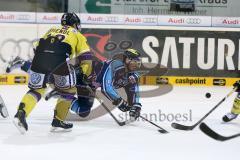 DEL - PlayOff - ERC Ingolstadt - Krefeld Pinguine - John Laliberte (15) im Flug zum Puck