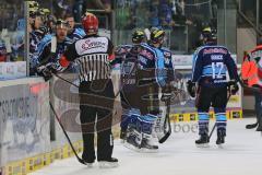 DEL - ERC Ingolstadt - Kölner Haie - PlayOff Finale 2014 - Spiel 2 - Jakub Ficenec (38) schwer verletzt an der Bande, wird abtransportiert, Björn Barta (33) schimpft zum Schiedsrichter