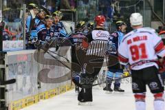 DEL - ERC Ingolstadt - Kölner Haie - PlayOff Finale 2014 - Spiel 2 - Jakub Ficenec (38) schwer verletzt an der Bande, wird abtransportiert, Björn Barta (33) schimpft zum Schiedsrichter