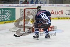 DEL - ERC Ingolstadt - Kölner Haie - Christoph Gawlik schiesst sein 100. DEL Tor gegen Danny aus den Birken. Foto: Adalbert Michalik