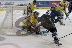DEL - ERC Ingolstadt - Krefeld Pinguine - Jean-Francois Boucher (#84 ERC Ingolstadt) - Felix Bick Torwart Krefeld -  Foto: Jürgen Meyer