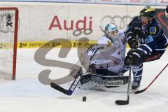 ERC Ingolstadt - Straubing Tigers - Petr Taticek (#17 ERC Ingolstadt) - Dustin Strahlmeier Torwart Straubing - Foto: Jürgen Meyer