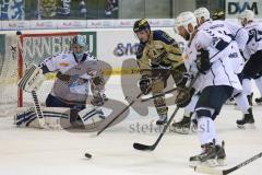 DEL - ERC Ingolstadt - Hamburg Freezers - Derek Hahn (43) links Goalie Sebastien Caron (HF - 35)