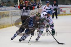 DEL - Saison 2014/2015 - ERC Ingolstadt - Augsburg Panther EV - links Ryan MacMurchy (27) im Zweikampf um den Puck ins leere Tor mit Andy Reiss rechts (AEV)