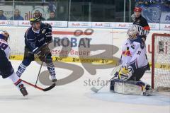 DEL - Eishockey - ERC Ingolstadt - EHC München - links Thomas Greilinger (39) trfft Niklas Treutle (Nr.31,Torwart München) am Helm und Puck geht zum 3:1 ins Tor, Jubel