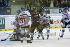 DEL - Saison 2014/2015 - ERC Ingolstadt - Augsburg Panther EV - Ausglkeich Tor Jubel 1:1 durch Brandon Buck (9), Torjubel Ryan MacMurchy (27), Goalie Christopher Mason (AEV) keine Chance