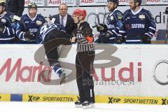 DEL - Eishockey - Playoff - Spiel 5 - ERC Ingolstadt - DEG Düsseldorf - Cheftrainer Larry Huras beschwert sich lautstark beim Schiedsrichter, Foul an Jared Ross (ERC 42)