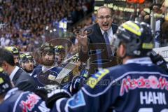 DEL - Eishockey - Playoff - Spiel 3 - ERC Ingolstadt - DEG Düsseldorf - Timeout, Cheftrainer Larry Huras peitscht sein Team an der Bank energisch nach vorne