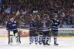 DEL - Eishockey - Playoff - Spiel 5 - ERC Ingolstadt - Iserlohn Roosters - Tor 4:3 durch Jeffrey Szwez (ERC 10) Jubel Sieg Fans Fahnen