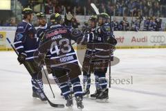 DEL - Eishockey - Playoff - Spiel 5 - ERC Ingolstadt - Iserlohn Roosters - Aaron Brocklehurst (ERC 4) rechts trifft von hinten ins Tor 1:0 Jubel