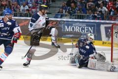 DEL - Eishockey - Finale 2015 - Spiel 5 - Adler Mannheim - ERC Ingolstadt - Ryan MacMurchy (ERC 27) lässt Puck durch Torwart Dennis Endras (MAN 44) fängt