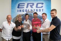 Pressekonferenz - Eishockey-Kompetenzzentrums - Nachwuchsleistungszentrum - von links Jiri Ehrenberger (Sportdirektor ERC), Sabine Ippisch (2. Vorsitzende EV Landshut), Claus Gröber (Geschäftsführer ERC), Martin Ancicka (Sportlicher Leiter EV Regensburg),