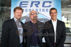 DEL - ERC Ingolstadt - Pressekonferenz - Vorstellung neue Trainer - Saison 2014/2015 - von links Torwarttrainer Joseph Heiß, Sportdirektor Jiri Ehrenberger, Co-Trainer Emanuel Viveiros