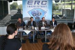 DEL - ERC Ingolstadt - Pressekonferenz - Vorstellung neue Trainer - Saison 2014/2015 - von links, Sportdirektor Jiri Ehrenberger, Torwarttrainer Joseph Heiß, Pressesprecher Claudius Rehbein, Co-Trainer Emanuel Viveiros