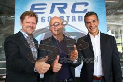 DEL - ERC Ingolstadt - Pressekonferenz - Vorstellung neue Trainer - Saison 2014/2015 - von links Torwarttrainer Joseph Heiß, Sportdirektor Jiri Ehrenberger, Co-Trainer Emanuel Viveiros