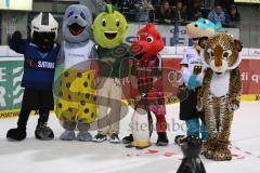 DEL - Eishockey - ERC Ingolstadt - Düsseldorfer EG - Saison 2015/2016 - Maskottchen nach dem Zieleinlauf - Xaverl - Wonnemar - Jolinchen - Schanzi - Urmel - Foto: Jürgen Meyer