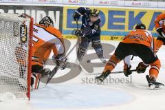 DEL - Eishockey - ERC Ingolstadt - Grizzlys Wolfsburg - Saison 2015/2016 - Jared Ross (#42 ERC Ingolstadt) - Vogel Sebastian Torwart (#25 Wolfsburg) - Foto: Meyer Jürgen