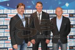 DEL - Eishockey - ERC Ingolstadt - Saison 2015/2016 - Pressekonferenz und Neuvorstellung des neuen Trainer Kurt Kleinendorst - Peppi Heiss - Kurt Kleinendorst Cheftrainer - Jiri Ehrenberger Sportdirektor - Foto: Markus Banai