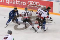 DEL - Eishockey - ERC Ingolstadt - Kölner Haie - Saison 2016/2017 - Petr Pohl (#33 ERCI) - Moritz Müller (#91 Köln) - Jean-Francois Boucher (#84 Köln) - Darryl Boyce (#10 ERCI)  - Foto: Meyer Jürgen