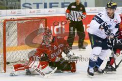 DEL - Eishockey - ERC Ingolstadt - Fischtown Pinguins - Saison 2016/2017 - Jerry Kuhn (Torwart #35 Bremerhaven) wehr den Puck mit dem Schoner ab - Jean-Francois Jacques (#44 ERCI) - Foto: Meyer Jürgen