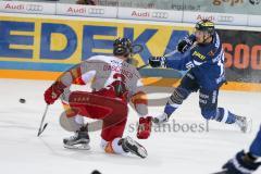 DEL - Eishockey - ERC Ingolstadt - Düsseldorfer EG - Saison 2016/2017 - Martin Buchwieser (#16 ERCI) mit einem Schlagschuss - Stephan Daschner (Nr.3, Duesseldorfer EG) - Foto: Meyer Jürgen