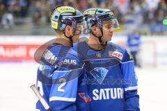 DEL - Eishockey - ERC Ingolstadt - Düsseldorfer EG - Saison 2017/2018 - Patrick McNeill (#2 ERCI) mit Thomas Greilinger (#39 ERCI) im Gespräch - Foto: Meyer Jürgen
