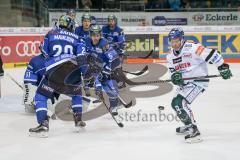 DEL - Eishockey - ERC Ingolstadt - Augsburger Panther - Saison 2017/2018 - Timo Pielmeier (#51Torwart ERCI) - Greg Mauldin (#20 ERCI) - Fabio Wagner (#5 ERCI) - Michael Davies (#9 AEV) - Foto: Meyer Jürgen