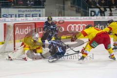 DEL - Eishockey - ERC Ingolstadt - Düsseldorf EG - Tor zum 1:0 Jubel, am Boden Tyler Kelleher (19 ERC), vor Torwart Mathias Niederberger (Nr.35, Duesseldorfer EG) Treffer durch hinten Darin Olver (ERC 40)