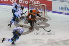 DEL - Eishockey - Saison 2018/2019 - ERC Ingolstadt - Grizzlys Wolfsburg - Brett Olson (#16 ERCI) - Patrick Cannone (#12 ERCI) - Jerry Kuhn Torwart (#35 Wolfsburg) - Torsten Ankert (#8 Wolfsburg) - Foto: Meyer Jürgen