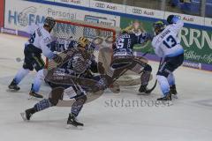 DEL - Eishockey - Saison 2019/20 - ERC Ingolstadt - Iserlohn Roosters - Brett Olson (#16 ERCI) - Jenike Andreas Torwart (#92 Iserlohn) - Buschmann Erik (#15 Iserlohn) - Mike Collins (#13 ERCI) - Foto: Jürgen Meyer