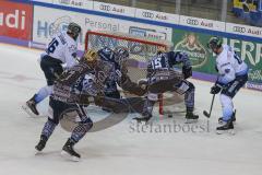 DEL - Eishockey - Saison 2019/20 - ERC Ingolstadt - Iserlohn Roosters - Brett Olson (#16 ERCI) - Jenike Andreas Torwart (#92 Iserlohn) - Buschmann Erik (#15 Iserlohn) - Mike Collins (#13 ERCI) - Foto: Jürgen Meyer