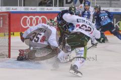 DEL - Eishockey - Saison 2019/20 - ERC Ingolstadt - Augsburger Panther - Hans Detsch (#89 ERCI) - Markus Keller Torwart (35 Augsburg) - Scott Valentine (#22 Augsburg) - Foto: Jürgen Meyer