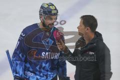 DEL - Eishockey - Saison 2019/20 - ERC Ingolstadt - Nürnberg Ice Tigers - Colton Jobke (#7 ERCI) mit Interview Magenta tv - Foto: Jürgen Meyer