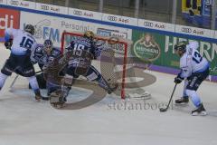 DEL - Eishockey - Saison 2019/20 - ERC Ingolstadt - Iserlohn Roosters - Brett Olson (#16 ERCI) - Jenike Andreas Torwart (#92 Iserlohn) - Buschmann Erik (#15 Iserlohn) - Foto: Jürgen Meyer