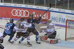 DEL - Eishockey - Saison 2019/20 - ERC Ingolstadt -  Kölner Haie - Tim Wohlgemuth (#33 ERCI) - Gustaf Wesslau (Torwart #29 Köln) - Ben Hanowski (#86 Köln) - Darin Olver (#40 ERCI) - Foto: Jürgen Meyer