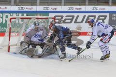 DEL - Eishockey - Saison 2020/21 - ERC Ingolstadt - Schwenninger Wild Wings - Joakim Eriksson Torwart (#60 Schwenningen) - Frederik Storm (#9 ERCI) - Foto: Jürgen Meyer