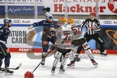 Im Bild: Colton Jobke (#7 ERCI) und Alex Friesen (Bremerhaven) im Zweikampf - fliegende Handschuhe - Brandon Defazio (#24 ERCI) und Phillip Bruggisser (Bremerhaven) sind ebenfalls gewillt die Fäuste zu schwingen

