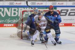 DEL - Eishockey - Saison 2020/21 - ERC Ingolstadt - EHC Red Bull München - Zweikampf vor dem Tor - Morgan Ellis (#4 ERCI) - Michael Garteig Torwart (#34 ERCI) - Schütz Justin (#12 München) - Foto: Jürgen Meyer