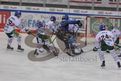 DEL - Eishockey - Saison 2020/21 - ERC Ingolstadt - Augsburger Panther - Ryan Kuffner (#12 ERCI) - Oliver Roy Torwart (#31 Augsburg) - Petrus Palmu (#52 ERCI) - Foto: Jürgen Meyer