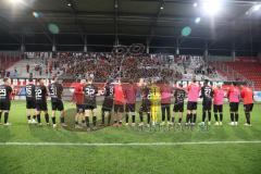 Toto-Pokal - Saison 2023/2024 - FC Ingolstadt 04 - Jahn Regensburg - Elfmeterschießen gewonnen - jubel - Torwart Marius  Funk (Nr.1 - FCI) hält den Elfmeter - Die Mannschaft feiert mit den Fans - - Foto: Meyer Jürgen