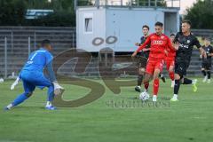 Bayernliga Süd - Saison 2022/2023 - FC Ingolstadt 04 - SV Erlbach - Arian Llugiqi rot FCI - Welder de Souza Lima Torwart Erlbach - Foto: Meyer Jürgen